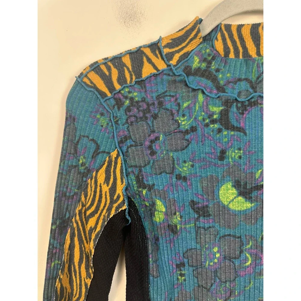 Free People Meadow Mixed Print Top Women S Blue Orange Good Mock Neck Ribbed